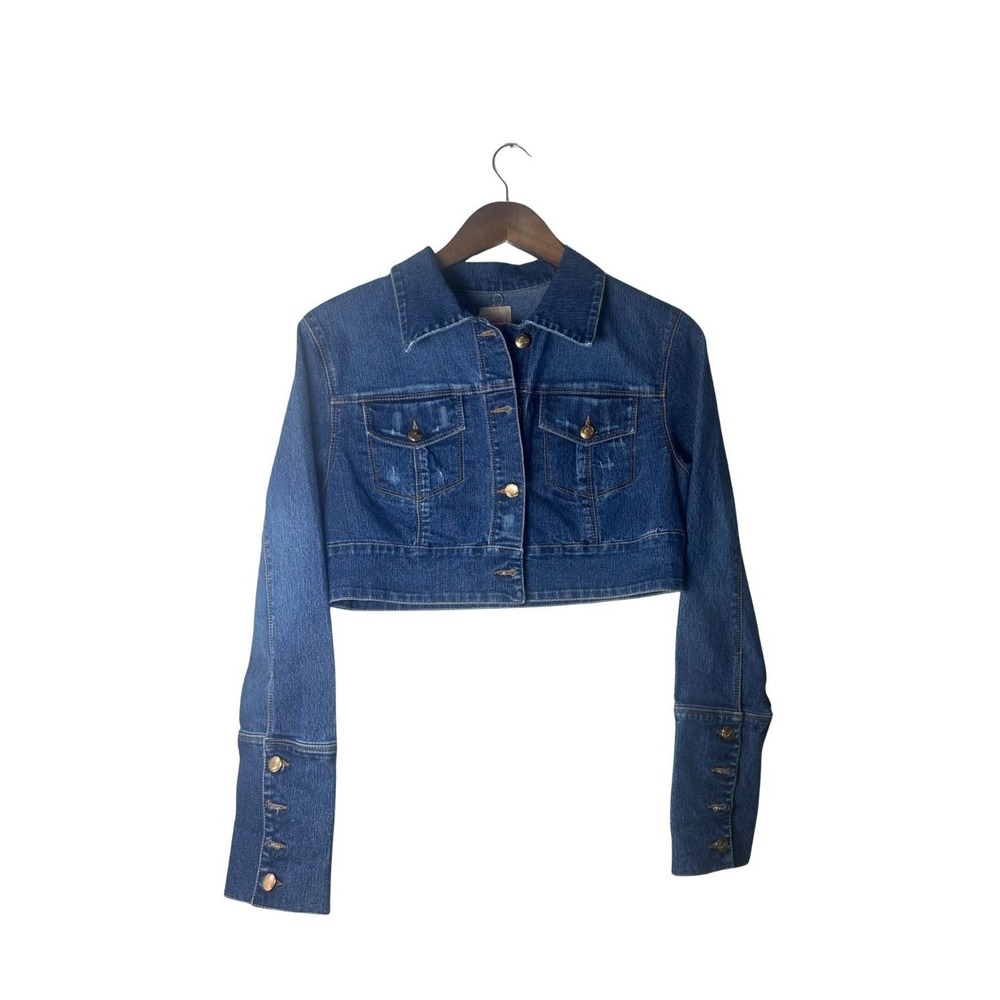 Candie's Womens Y2K Cropped Denim Jacket Gold Button XL Boho Streetwear